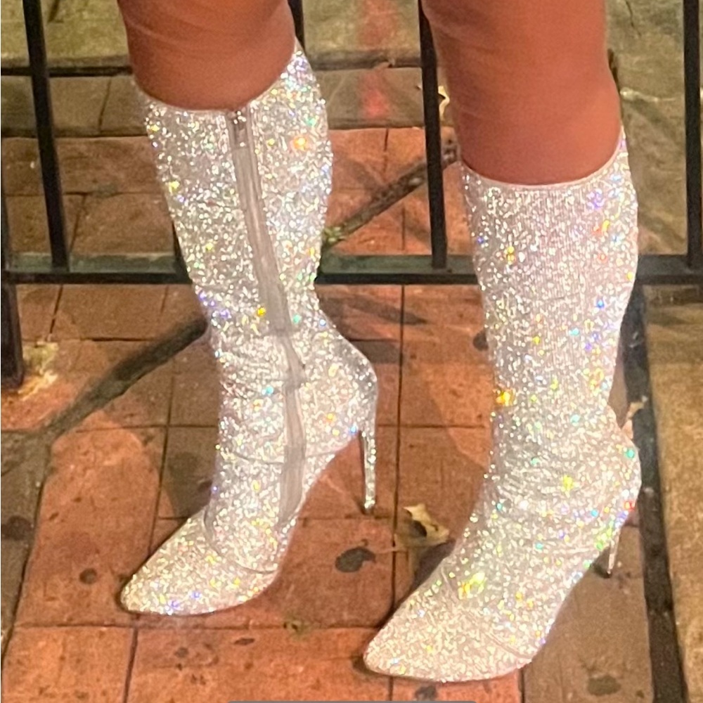 Sparkly Silver Knee-High Boots